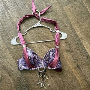Sequin Embellished Purple and Pink Halter Bra